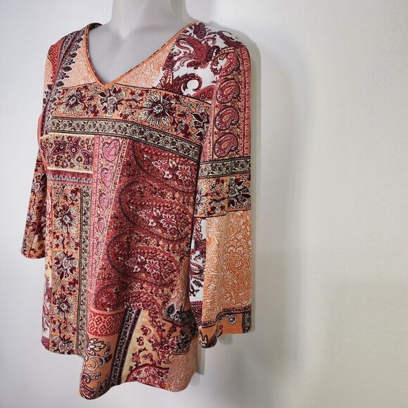 Chicos Top Womens Size 0 Small Paisley Floral V Neck Stretchy Peach Maze Boho - Picture 5 of 8